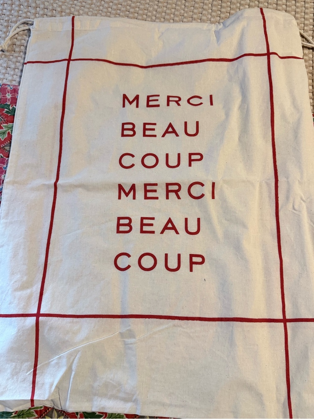 Clare V Cream Cotton Kitchen Towel with Red Print